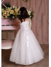 Ivory Heart Print Tulle Pearl Embellished Flower Girl Dress